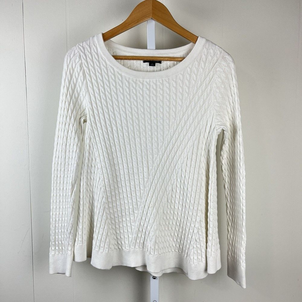 Tommy Hilfiger Sweater Womens Medium White‎ Cable Knit Flared Pullover Cotton